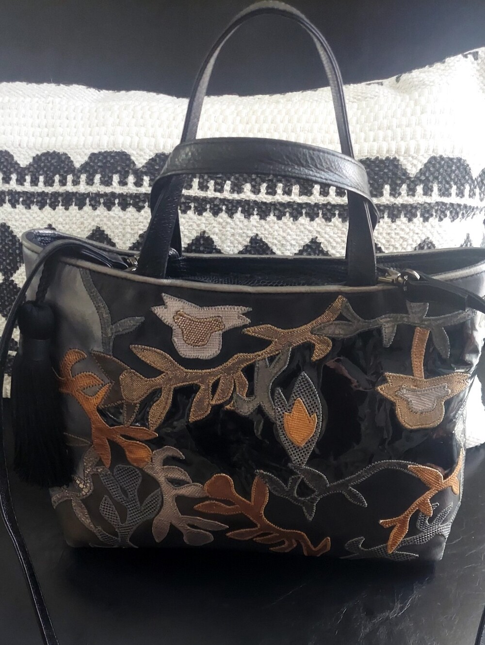 SHARIF Black Floral Embroidered Patent Tote Bag